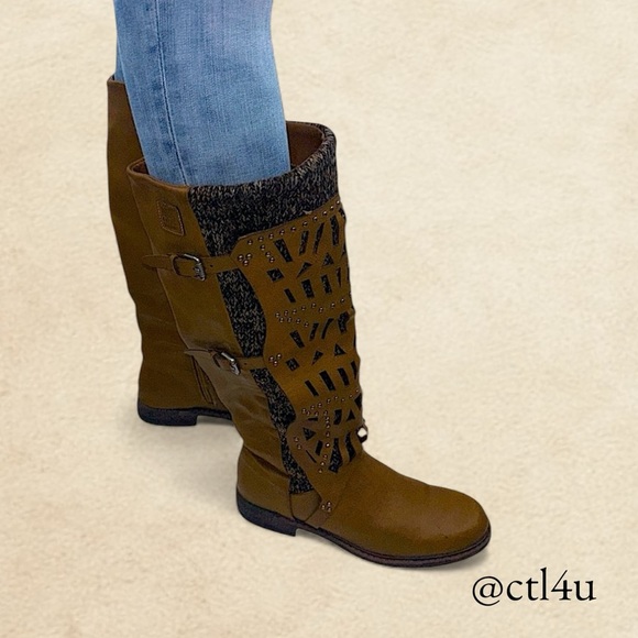 Muk Luks Shoes - Muk Luks Tall Brown Knit Buckle Boots Boho Indie Cozy Fall Festival Size 10